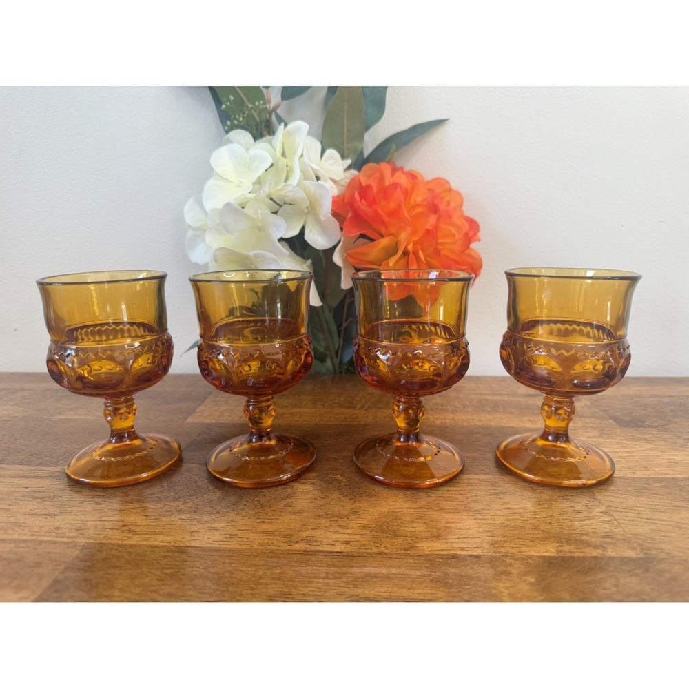 Indiana Glass King's Crown‎ Thumbprint Amber Goblets Vintage Barware Drinkware